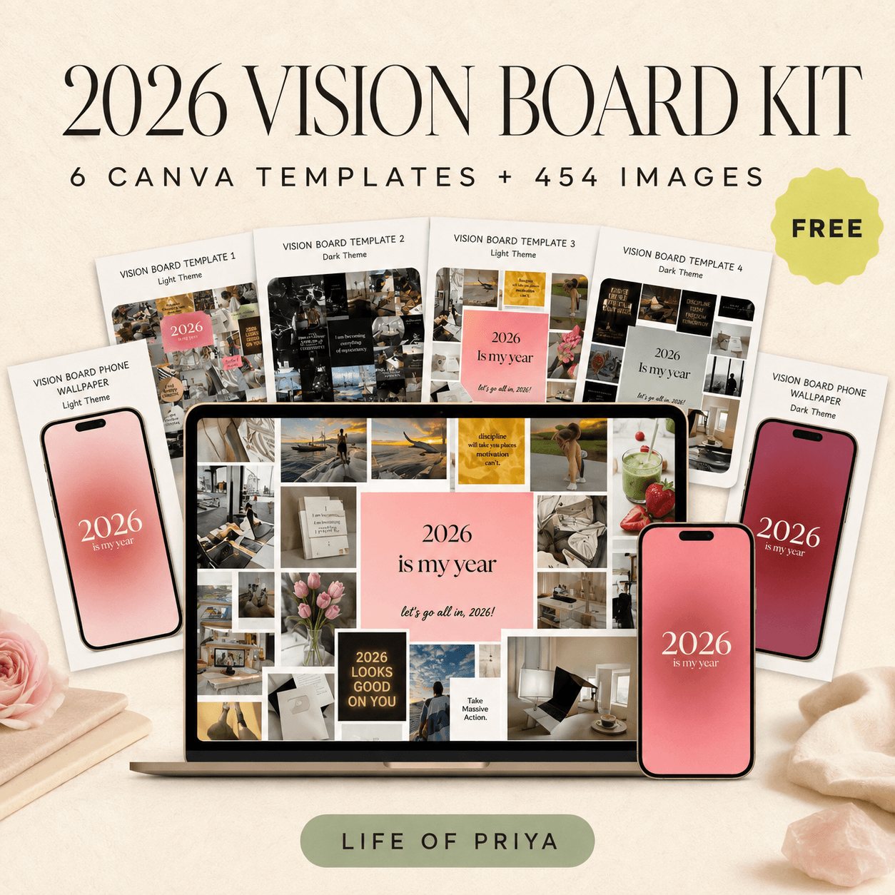 2026 Vision Board Kit - 6 Canva Templates + 454 Inspiration Images